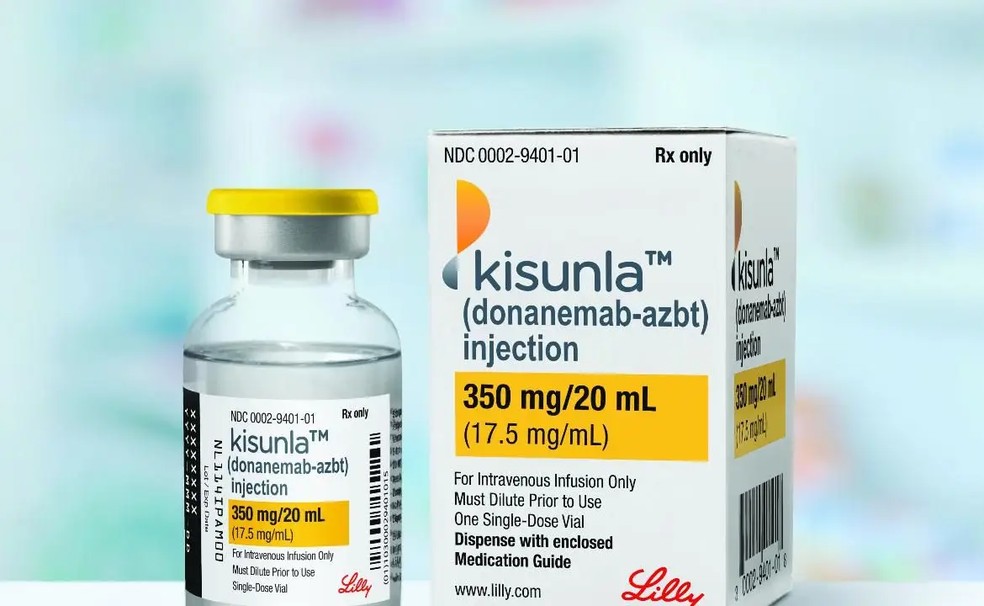 O Kisunla (donanemabe), fabricado pela farmacêutica Eli Lilly e indicado para estágios inciais da doença de Alzheimer, foi aprovado pela Anvisa nesta terça-feira (21) — Foto: Divulgação/Eli Lilly
