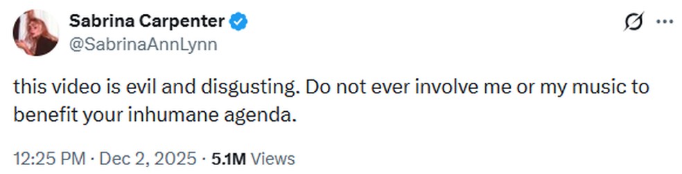 Sabrina Carpenter's reaction after her music was used in ICE ads - Photo: Reproduction/X