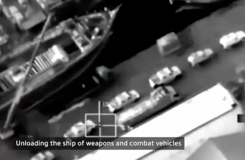 Video broadcast by Saudi state television reportedly shows a shipment of weapons and armored vehicles from the United Arab Emirates to Mukalla, Yemen — Photo: Saudi state television via AP