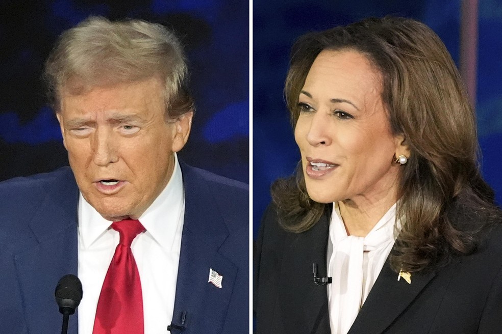 Os candidatos à Presidência dos EUA, o ex-presidente Donald Trump, pelo Partido Republicano, e a vice-presidente, Kamala Harris, pelo Partido Democrata — Foto: Montagem com fotos de Alex Brandon/AP