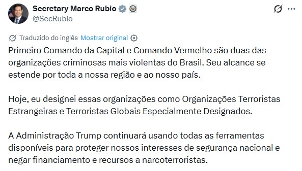 Especialistas veem decisão dos EUA sobre facções como risco e oportunidade para o Brasil