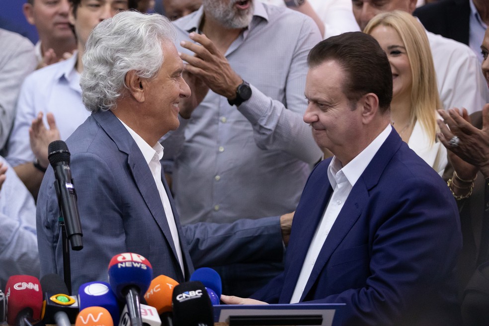 Caiado e Kassab em evento em  março de lançamento do candidato à Presidência da República — Foto: Edilson Dantas/30-3-2026