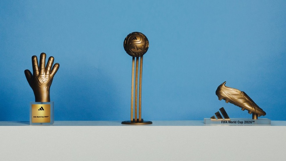 Prêmios individuais da Adidas na Copa do Mundo 2026: Luva de Ouro, Bola de Ouro e Chuteira de Ouro — Foto: Divulgação/Adidas