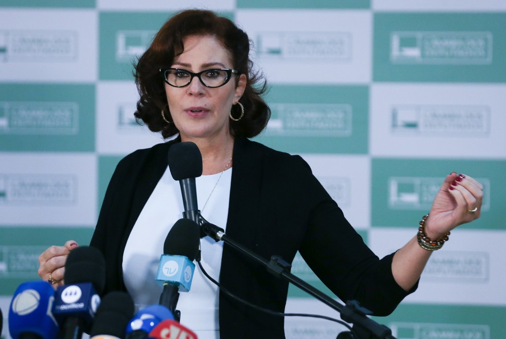 Federal deputy Carla Zambelli (PL-SP) during a press conference in the Chamber, April 2024 — Photo: Lula Marques/Agência Brasil