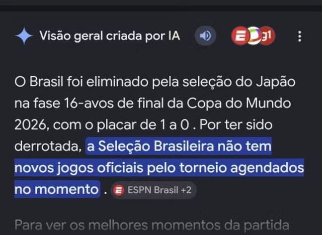 IA do Google mostra Brasil eliminado antes do fim do jogo e erra placar contra o Japão