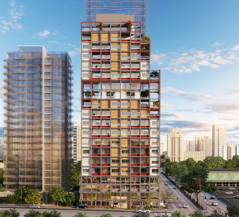 No Hive Ibirapuera, com pilares de sustentação na fachada e não no interior dos andares, os ambientes podem ser totalmente integrados — Foto: MINT / DIVULGAÇÃO