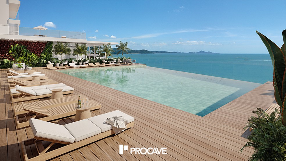 Num dos últimos terrenos de Balneário, a Procave entrega neste ano o luxuoso Fischer Dreams: piscina com vista de cinema e metro quadrado a R$ 60 mil — Foto: PROCAVE/DIVULGAÇÃO