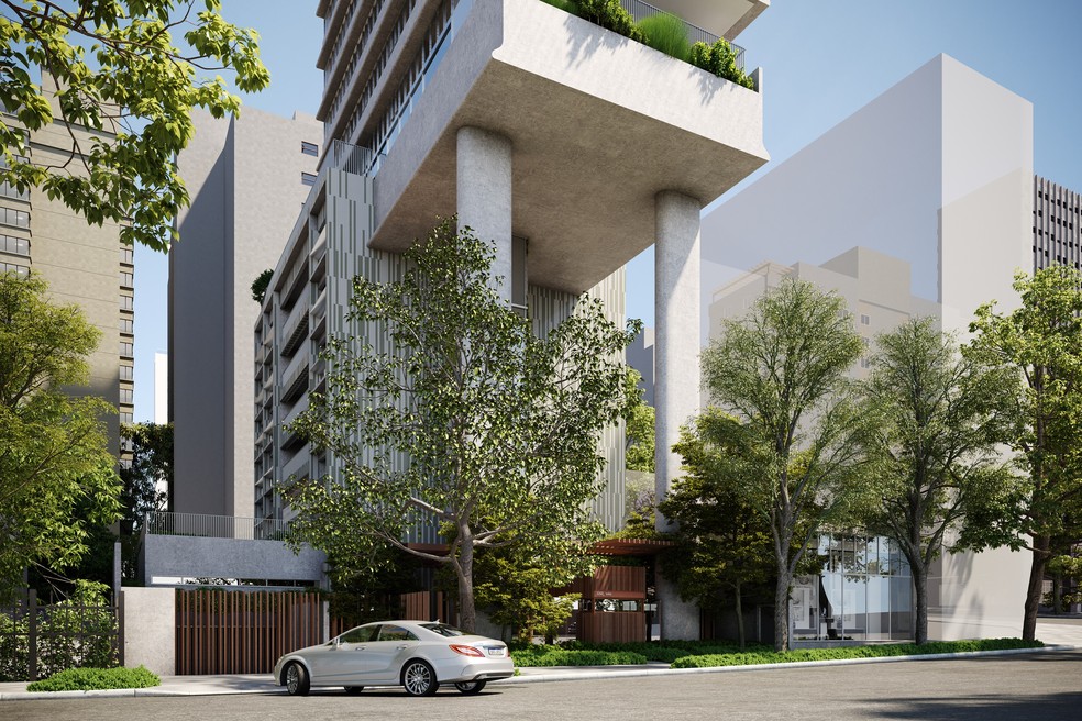 Os edifícios Nord e Solo, da Spol Architects, nos Jardins, destacam-se pela fachada escultórica, pelo minimalismo e pelo diálogo com a rua — Foto: NORTIS INCORPORADORA/DIVULGAÇÃO