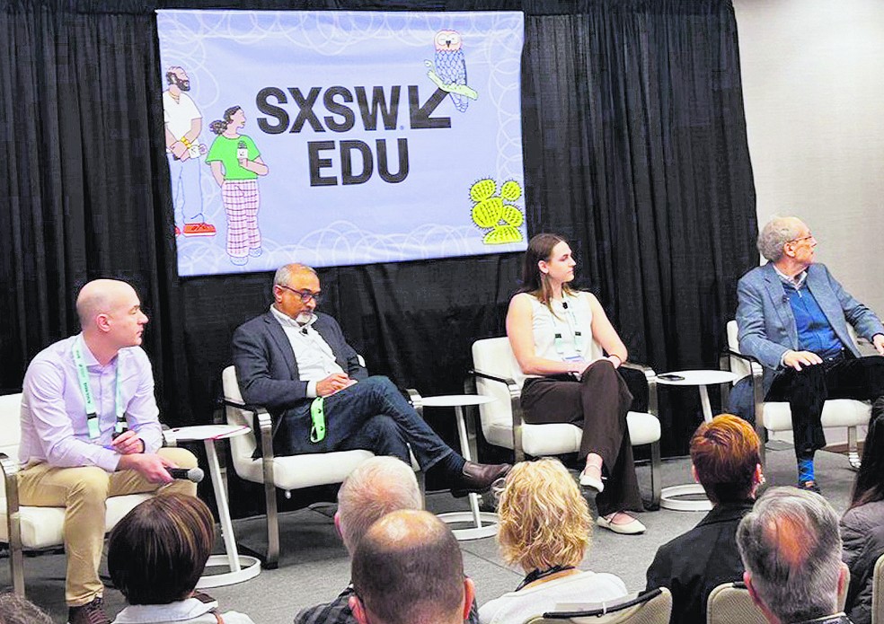 Izzat Jarudi, da EDIFII (à esq.); Sanjay Sarma, do MIT; Olivia Joseph, do MIT; e Chris Gabrieli, do conselho de Educação — Foto: Editora Globo