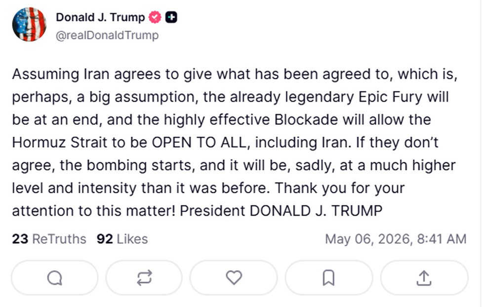 Trump sobre reabrtura de Ormuz e possível fim da Operação Fúria Épica — Foto: Reprodução/Truth Social