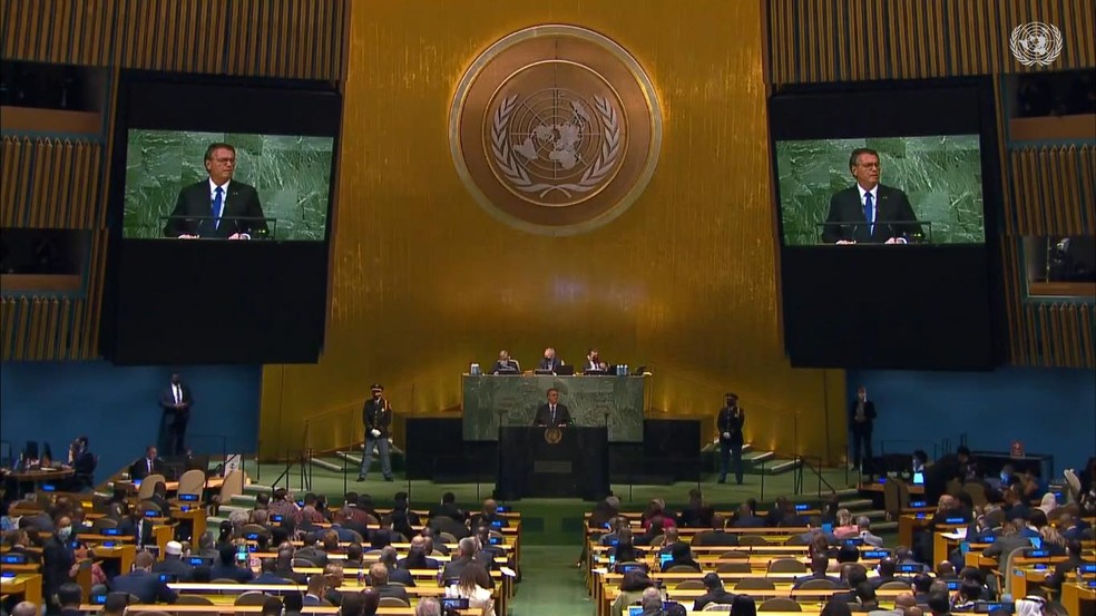 Jair Bolsonaro discursa na abertura da 77ª Assembleia Geral da ONU  — Foto: Reprodução/ONU