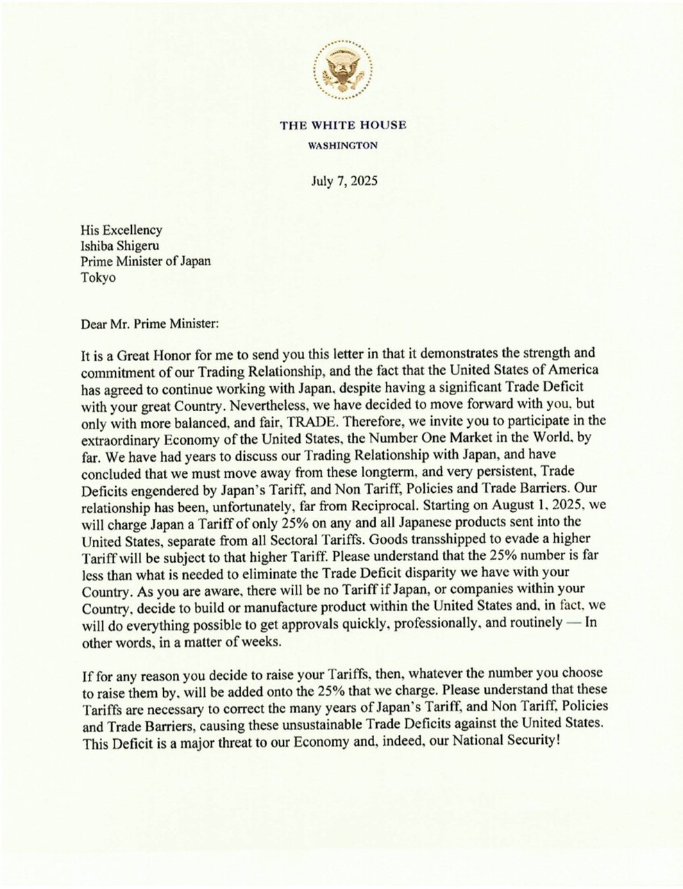 Carta enviada por Trump sobre tarifas ao governo do Japão — Foto: Reprodução