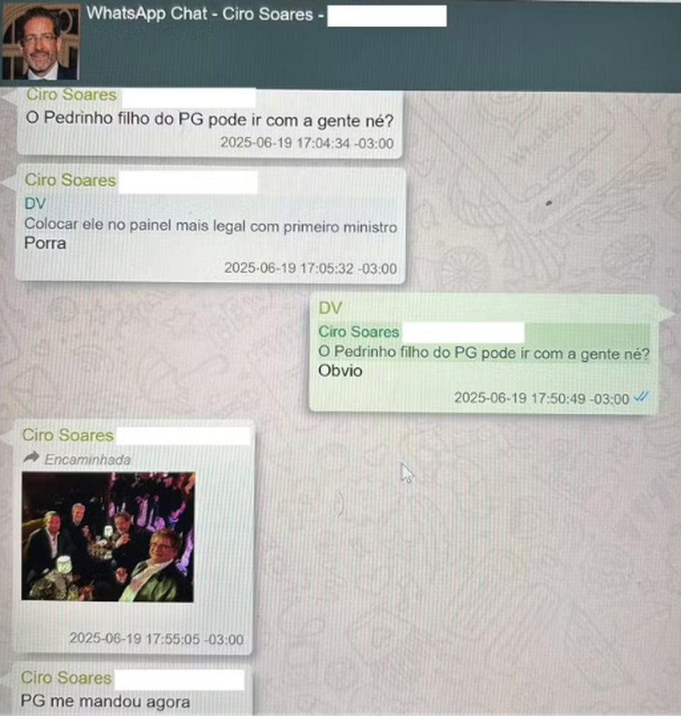 Print das mensagens de celular do advogado Ciro Soares, ex-defensor do Banco Master, para Daniel Vorcaro, dono da instituição, mencionando o PGR, Paulo Gonet — Foto: Reprodução
