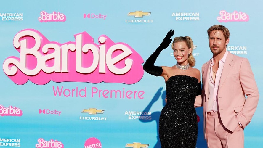 Margot Robbie e Ryan Gosling no lançamento do filme Barbie