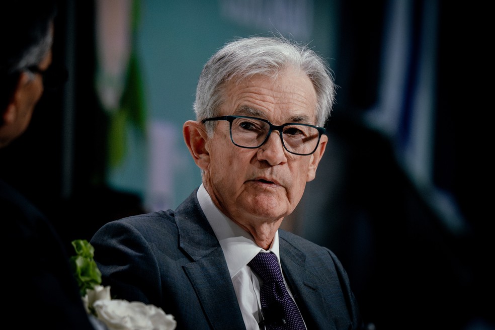 Jerome Powell, presidente do Federal Reserve, em discurso sobre a política monetária dos EUA.