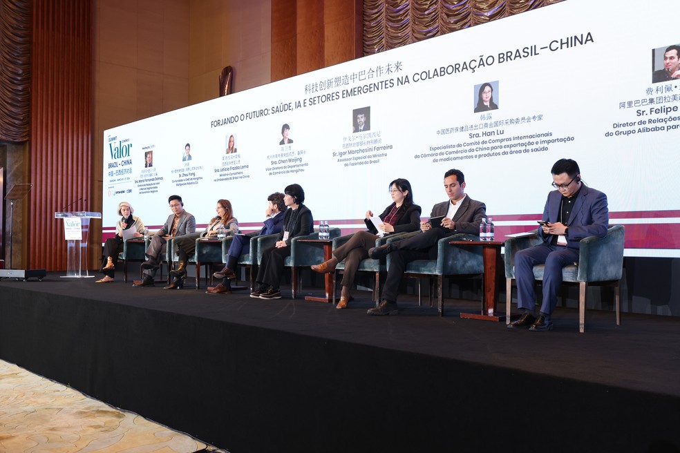 Da esquerda para direita: Fernanda Delmas, Zhou Yong, Hui Jingbo, Leticia Frazão Leme, Igor Marchesini Ferreira, Chen Weijing, Han Lu, Felipe Daud, e Hui Jingbo — Foto: Heka Producciones/Valor