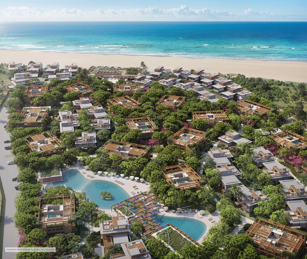 Panorâmica do CasaMar Artefacto, na Praia de Lages: áreas comuns com móveis da marca — Foto: ARTEFACTO/DIVULGAÇÃO