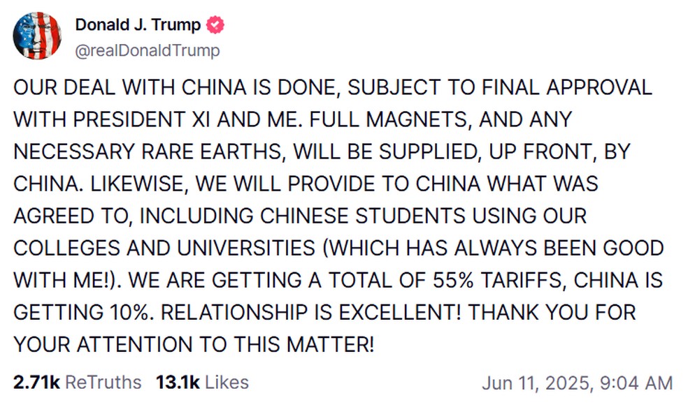Publicação de Trump sobre acordo com China — Foto: Reprodução
