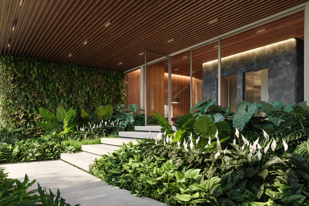 Jardim de acesso ao empreendimento Hay Itaim: apelo paisagístico e exclusividade — Foto: RFM/DIVULGAÇÃO