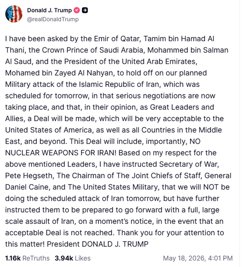 Trump suspende ataque contra o Irã previsto para 19 de maio — Foto: Reprodução/Truth Social