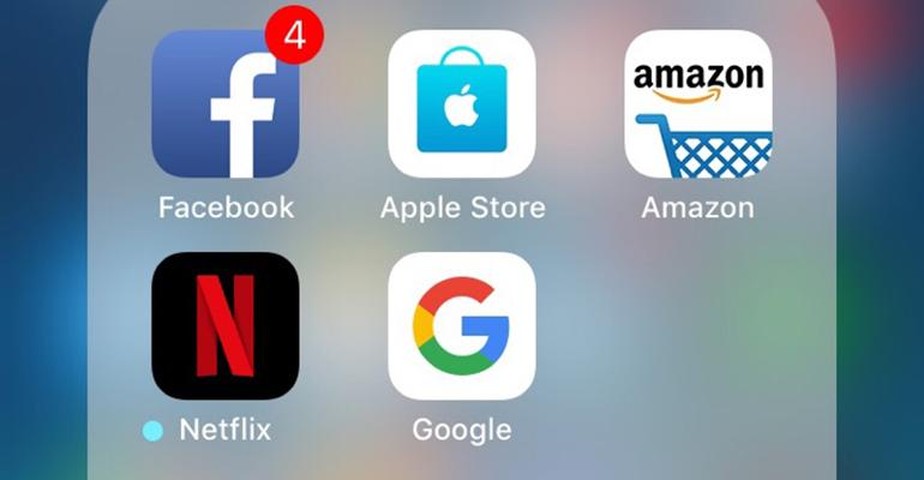 Ícones da sigla FAANG, Facebook, Amazon, Apple, Netflix e Google (Alphabet)