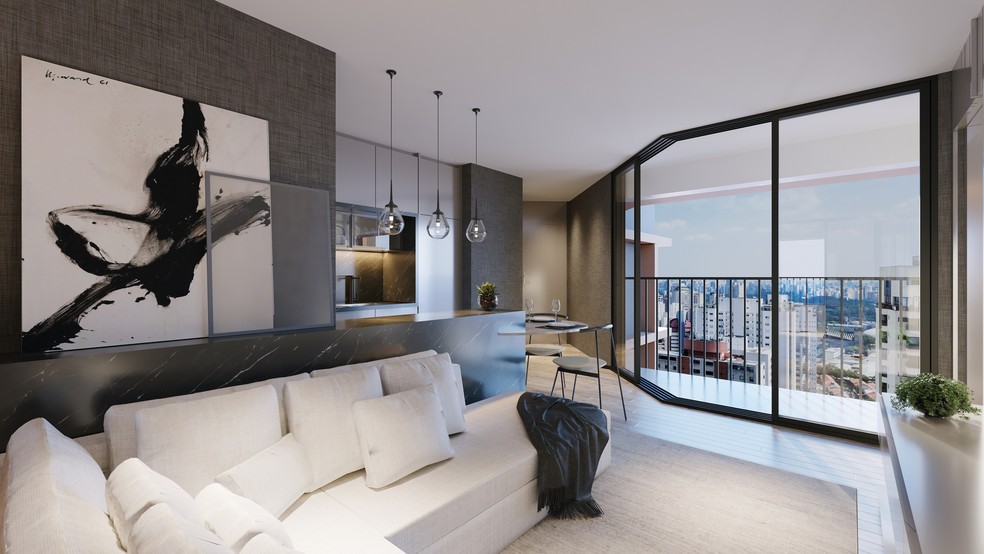 Design contemporâneo, janelas amplas e varanda são os destaques nos apartamentos-butique — Foto: NEW PROPERTIES/DIVULGAÇÃO