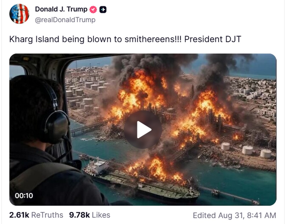 Trump faz publicação sobre suposto ataque à ilha de Kharg — Foto: Reprodução/Truth Social