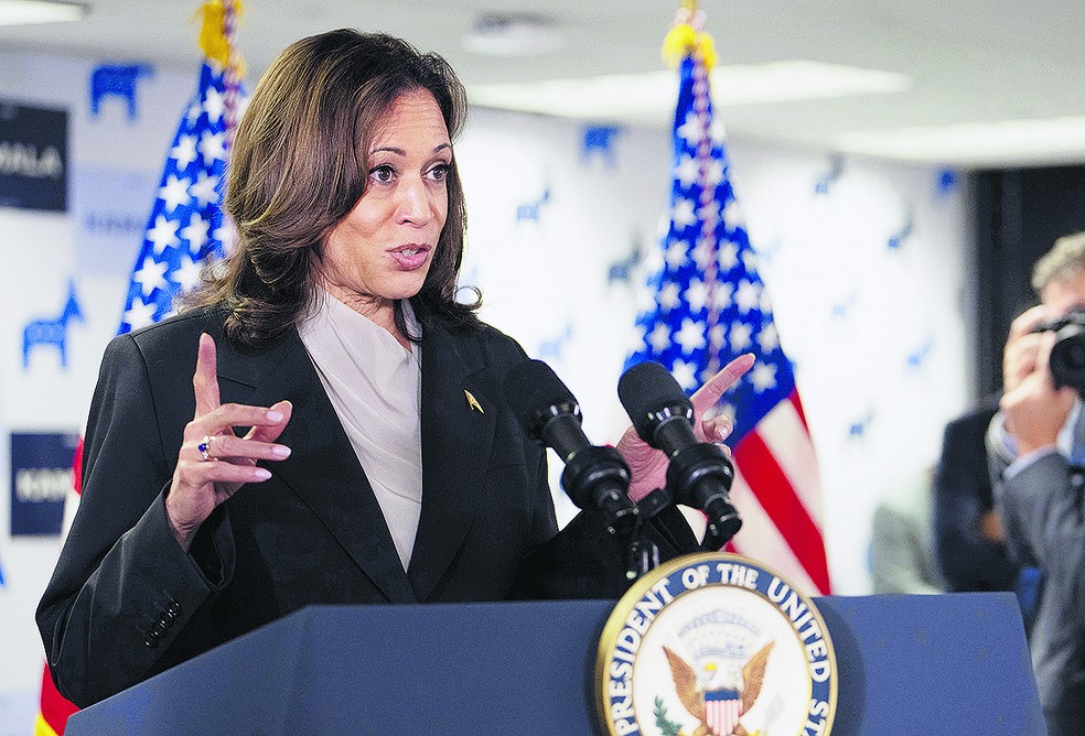 Kamala discursa para equipe de campanha que era de Biden, em Delaware, e sobe o tom de ataques contra Trump — Foto: Erin Schaff/The New York Times via AP