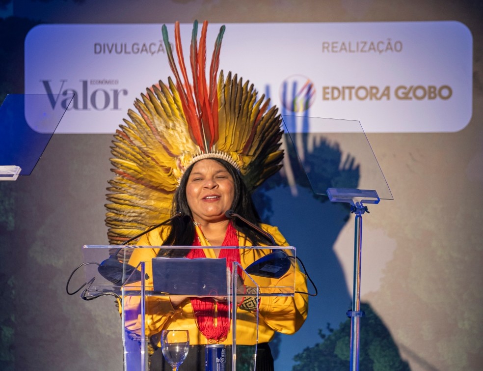 Sonia Guajajara, Ministra dos Povos Indígenas: “Projetos que envolvem a participação dos povos indígenas têm eficácia comprovada na obtenção de resultados e merecem mais apoio — Foto: Leo Orestes/Glab