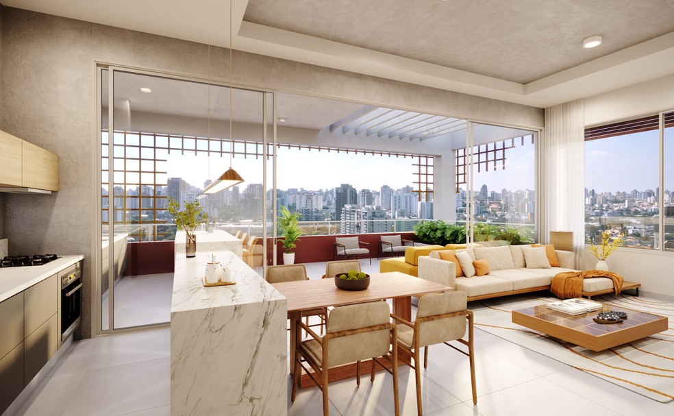 No Hive Ibirapuera, com pilares de sustentação na fachada e não no interior dos andares, os ambientes podem ser totalmente integrados — Foto: MINT / DIVULGAÇÃO