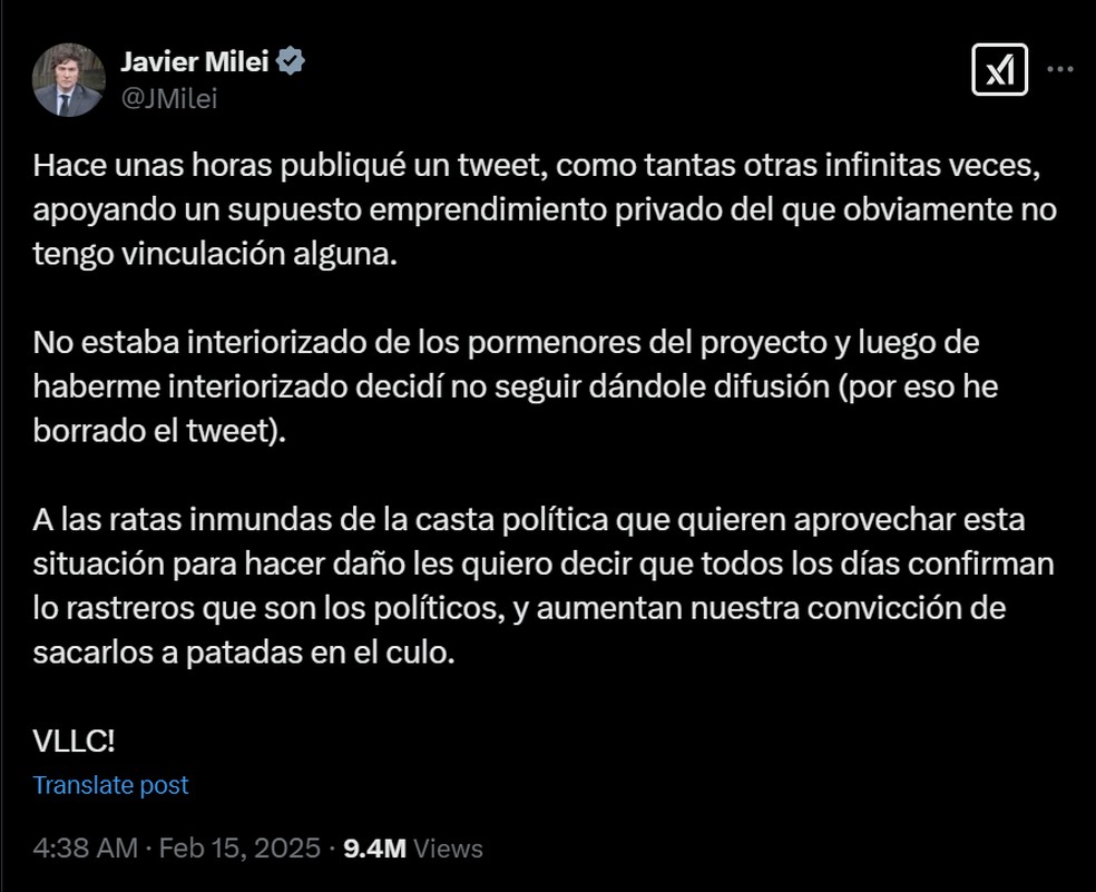 Postagem de Javier Milei no X (Twitter) — Foto: Reprodução/X