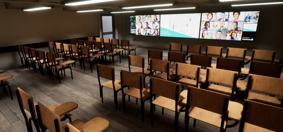 Nova sala de aula que pode receber 30 alunos presenciais e 40 alunos remotos, simultaneamente, que será inaugurada em maio pela Escola de Negócios e Seguros — Foto: Divulgação