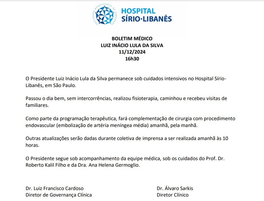 Lula passará por novo procedimento cirúrgico, informa boletim médico