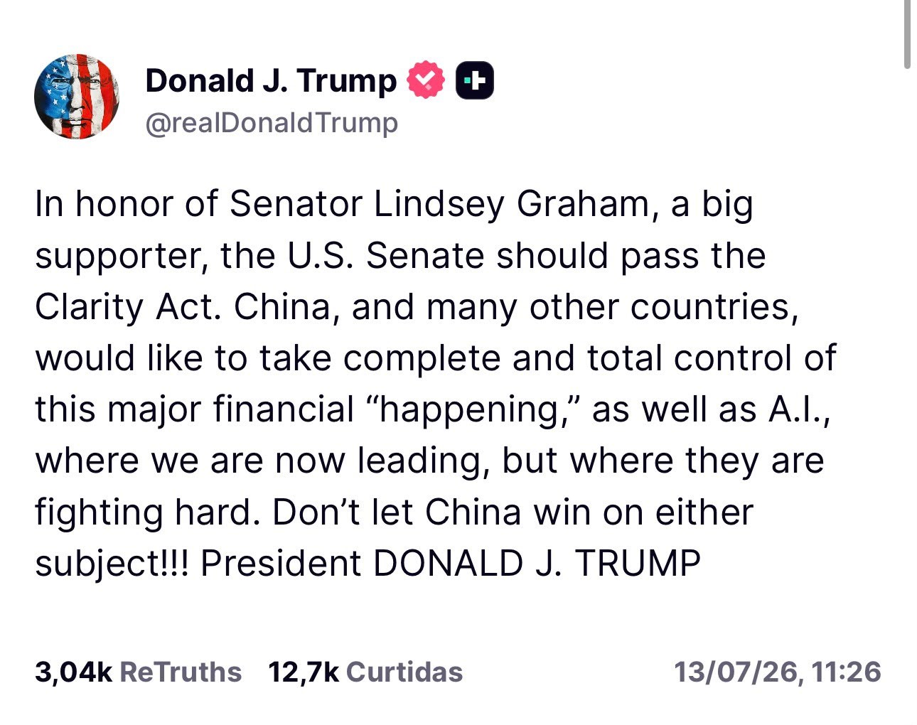 Trump pressiona Senado a aprovar Clarity Act, projeto de regulação cripto dos EUA