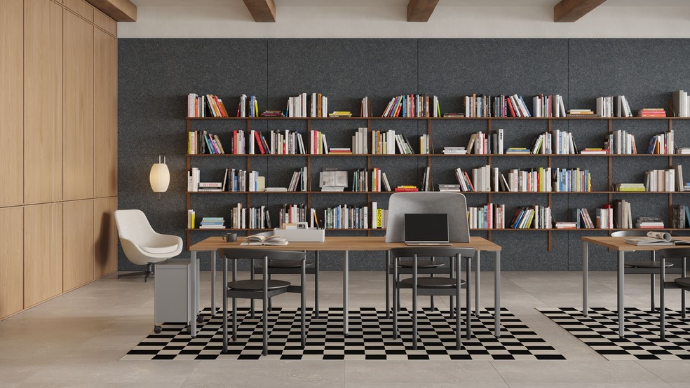 Ambiente com móveis da coleção “OE1 Workplace”, da Herman Miller, que incorpora o material coletado em áreas costeiras — Foto: HERMANN MILLER/DIVULGAÇÃO