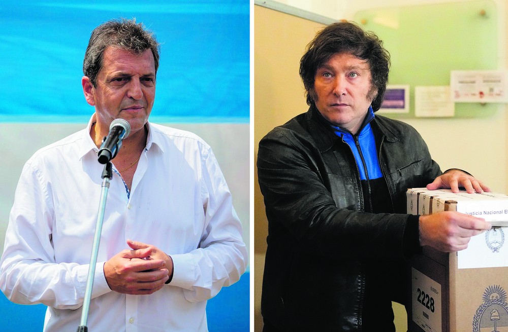 Massa e Milei: disputa é vista como uma das importantes do país e opõe dois modelos totalmente distintos — Foto: Maria Amasanti/Bloomberg; AP Photo/Mario Fina