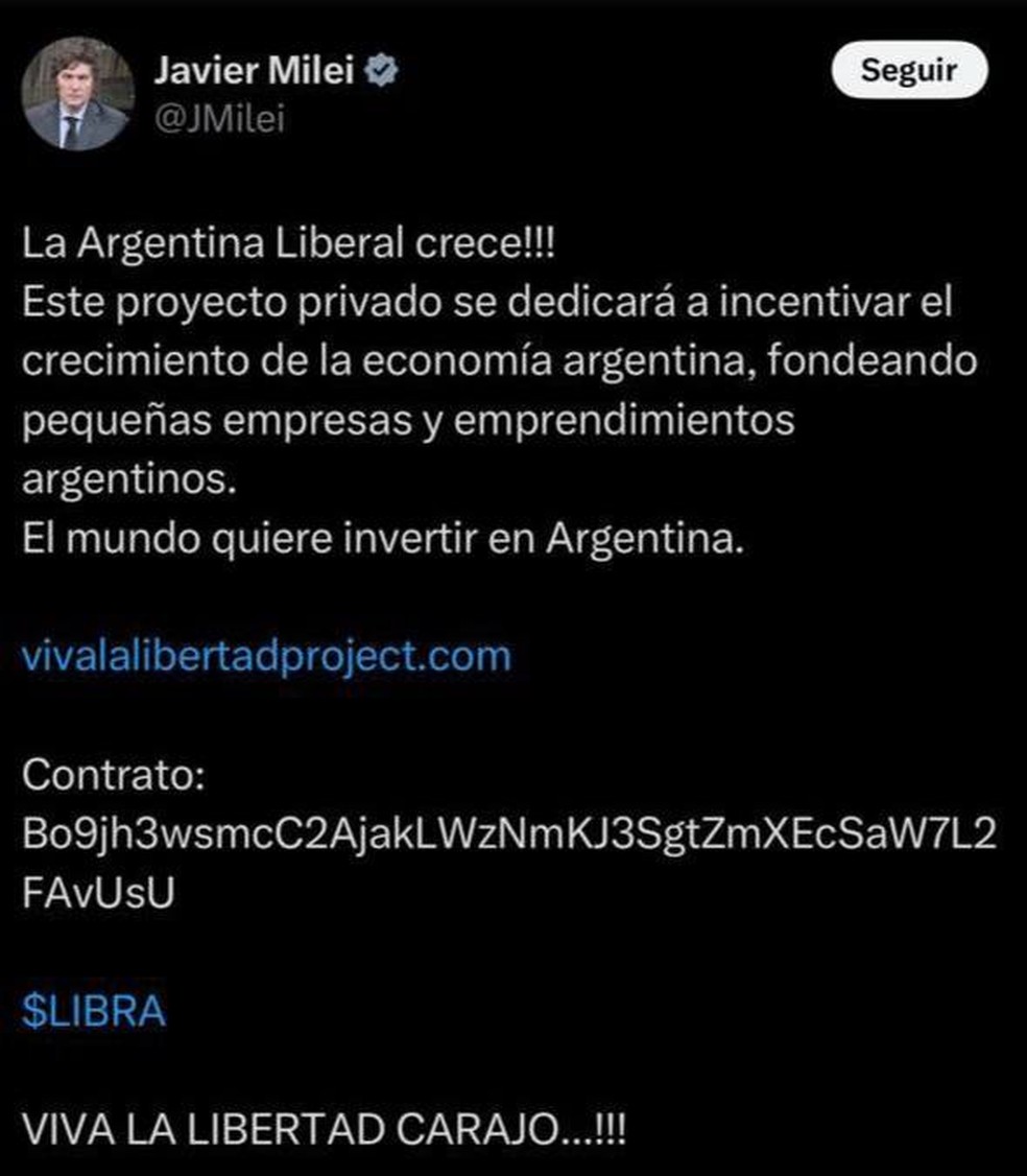 Postagem do presidente argentino, Javier Milei — Foto: Reprodução/X