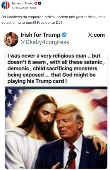 Após polêmica, Trump compartilha montagem em que está abraçado com Jesus
