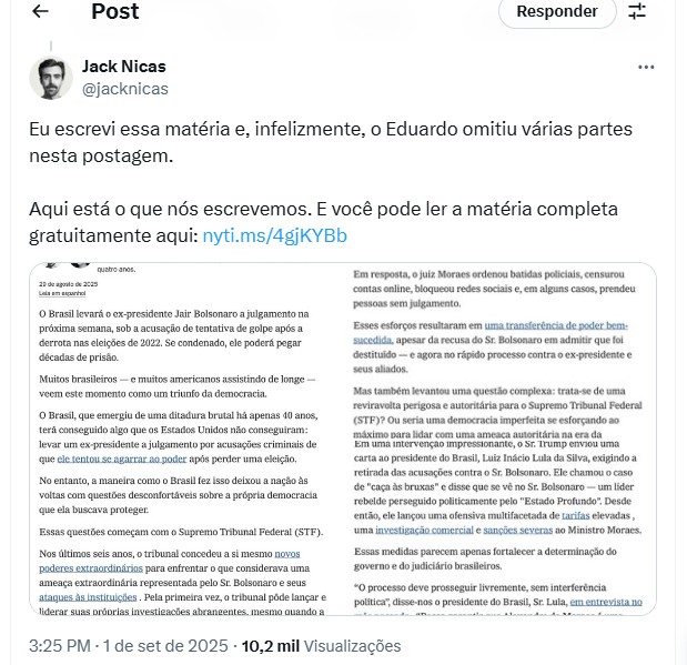 Eduardo Bolsonaro publica print adulterado de reportagem do 'New York Times' e é corrigido por autor