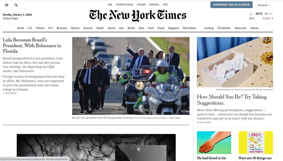 Hugo Gloss on X: Aclamado internacionalmente… A posse de @LulaOficial ,  que aconteceu no domingo (1°), é a capa do New York Times desta segunda  (2). O jornal exibiu a simbólica subida