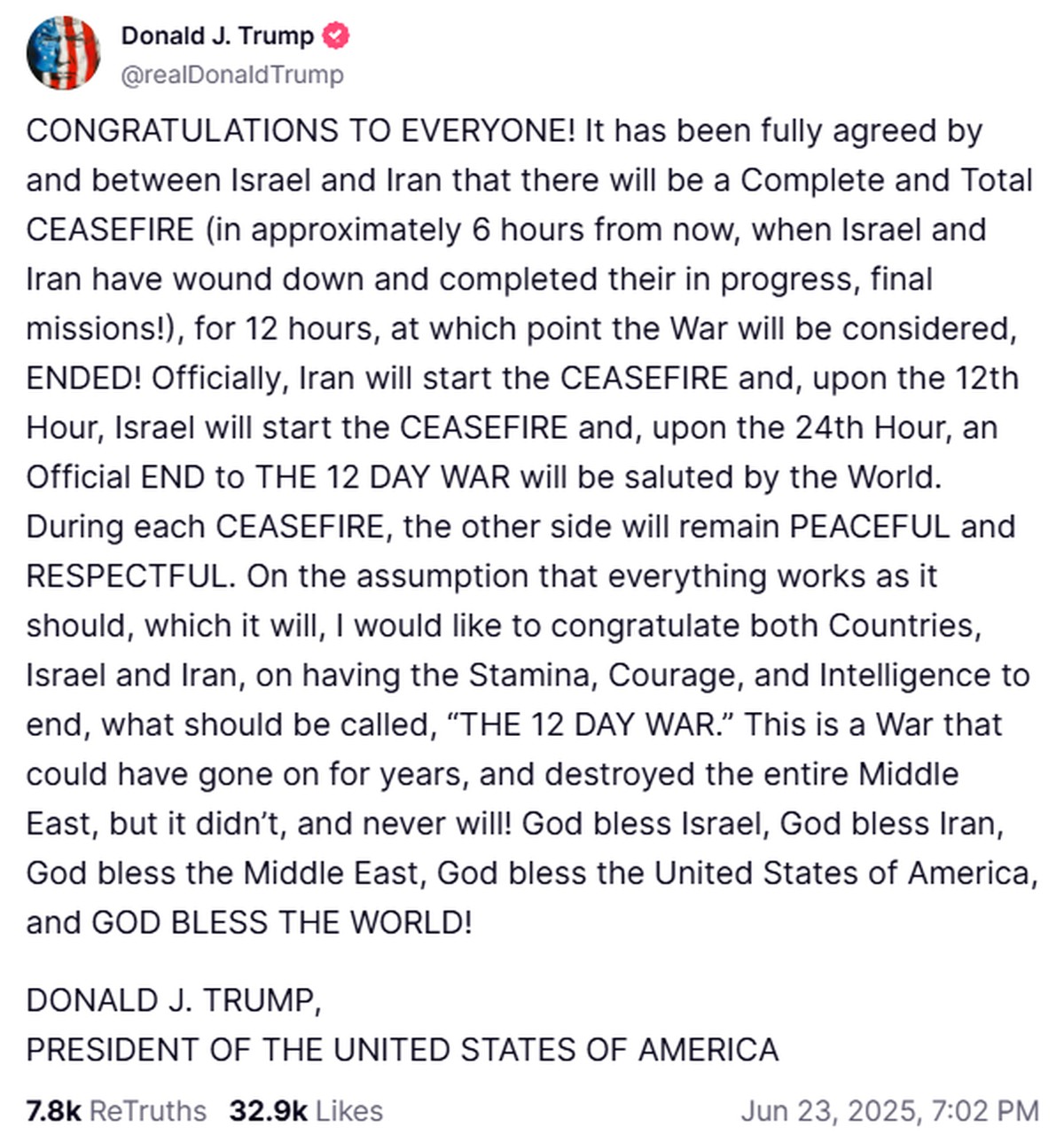 Trump diz que Israel e Irã concordaram com um cessar-fogo