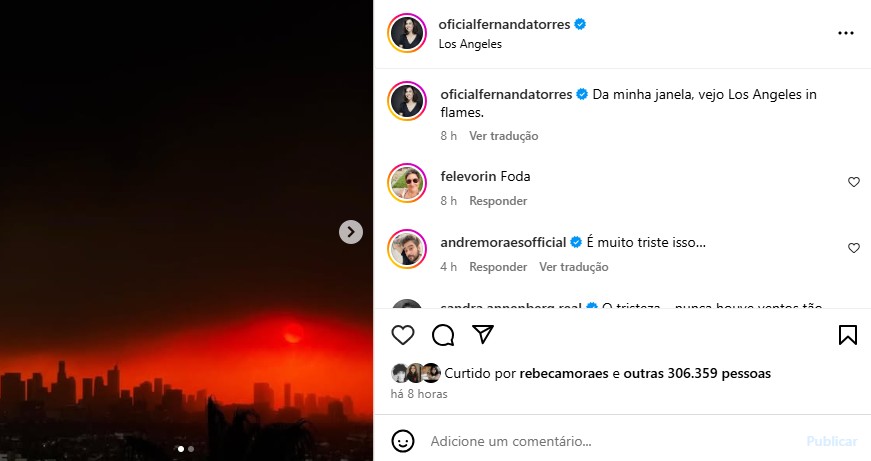 A brasileira Fernanda Torres, vencedora do Globo de Ouro de Melhor Atriz de Drama, que está em Los Angeles, também postou em seu perfil do Instagram sobre os incêndios que assolam a cidade americana — Foto: Instagram/@oficialfernandatorres