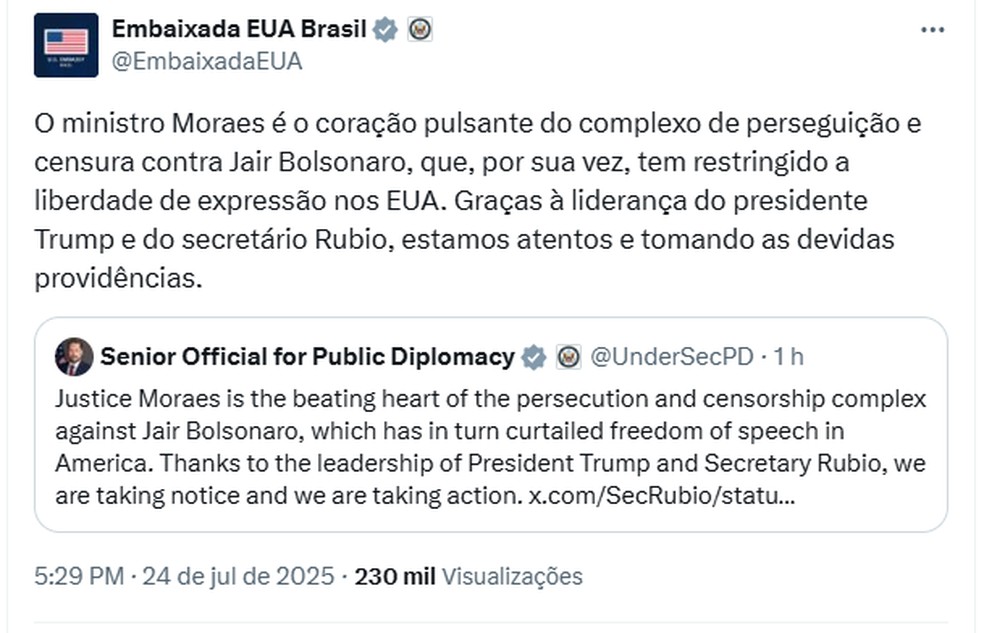 Mensagem republicada pelo perfil oficial da Embaixada dos EUA no Brasil contra o ministro Alexandre de Moraes — Foto: Reprodução/X - Embaixada EUA Brasil