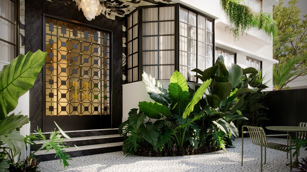 Detalhe da entrada da torre em estilo art déco do Paradís — Foto: MOZAK/DIVULGAÇÃO