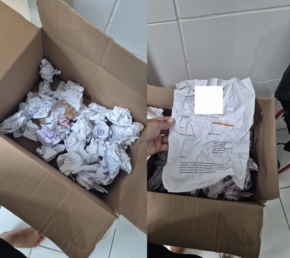 Cliente encontra currículos amassados em compra no Mercado Livre