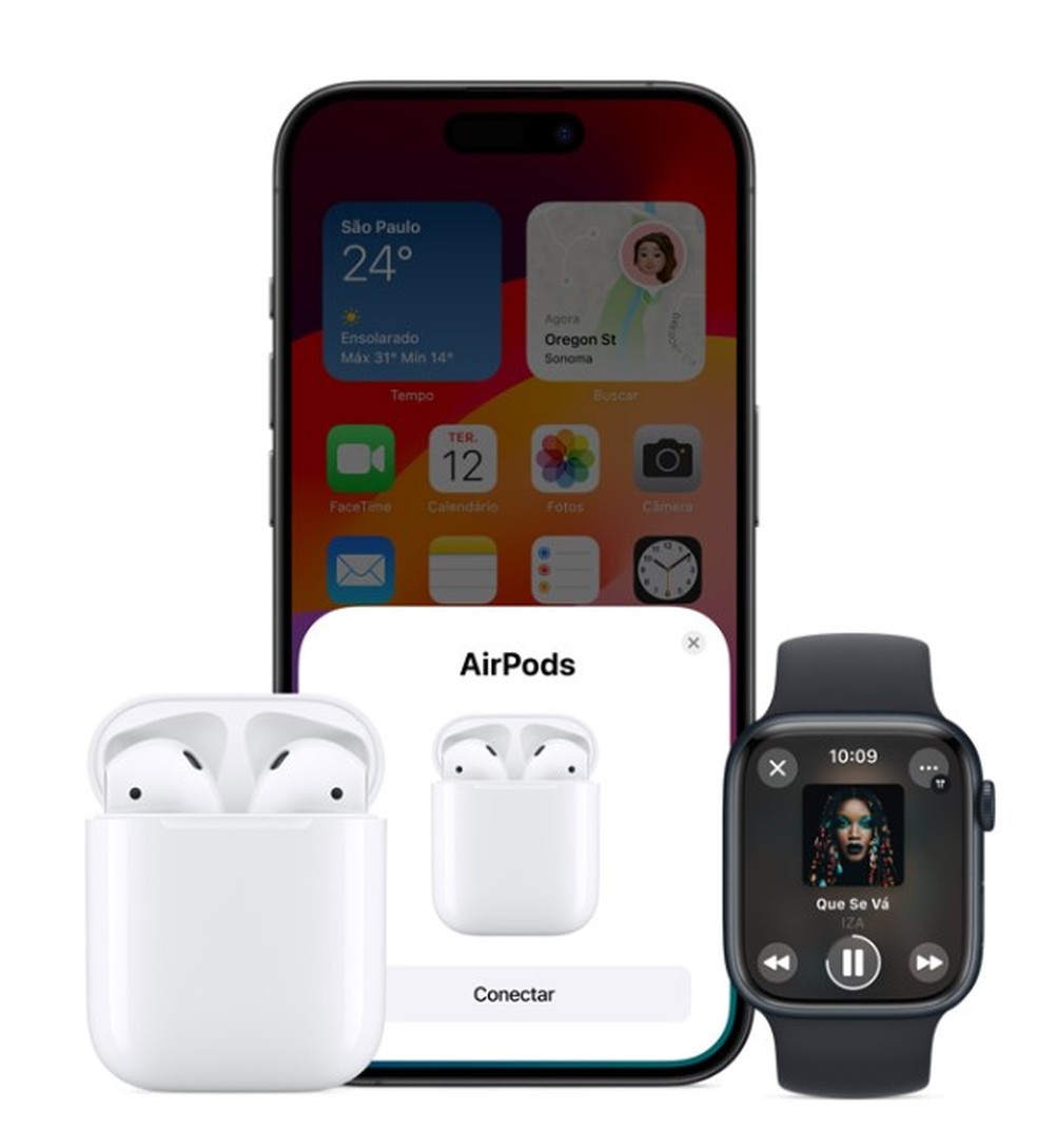 Fones de ouvido Apple AirPods e Apple Watch — Foto: Divulgação da Apple