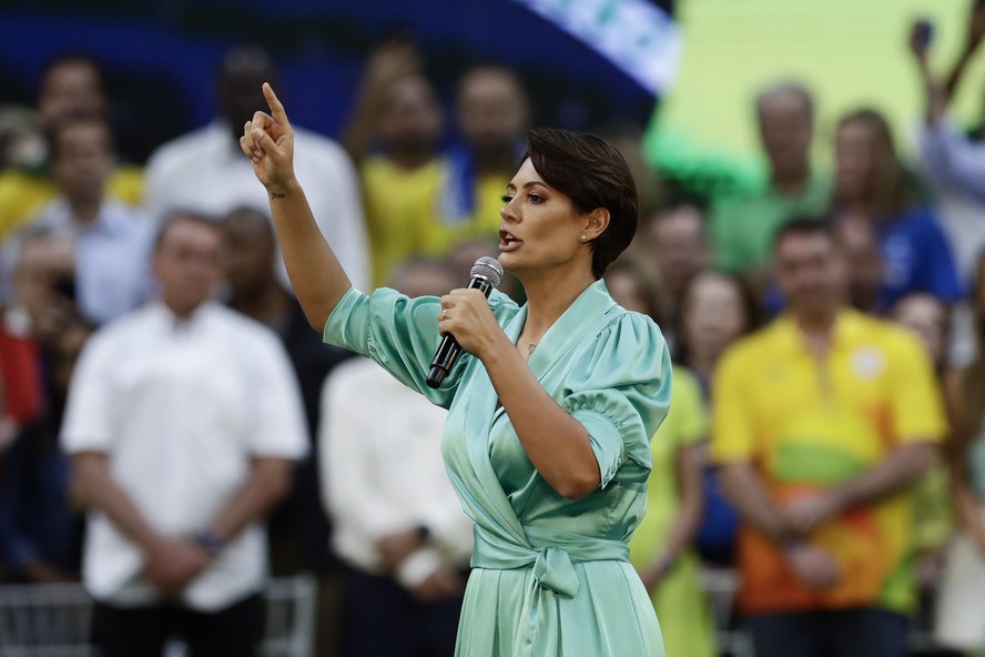 Brazilian first lady Michelle Bolsonaro speaks during President Jair Bolsonaro´s rally to launch his reelection bid, in Rio de Janeiro, Brazil, Sunday, July 24, 2022. Brazil's general elections are sc