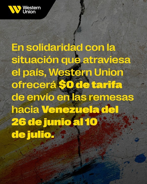 Western Union anuncia tarifa temporária zero para transferências à Venezuela após terremoto