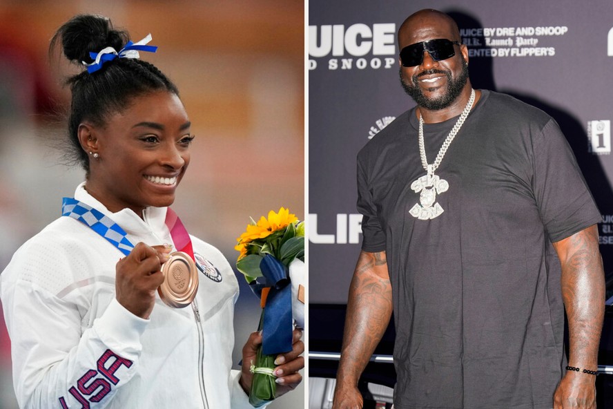 Simone Biles e Shaquille O' Neal Foto mostrando diferença de altura