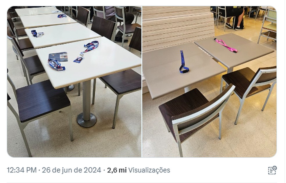 Publicação de usuária na rede X relatando uso de crachás para marcar lugar — Foto: Reprodução/X